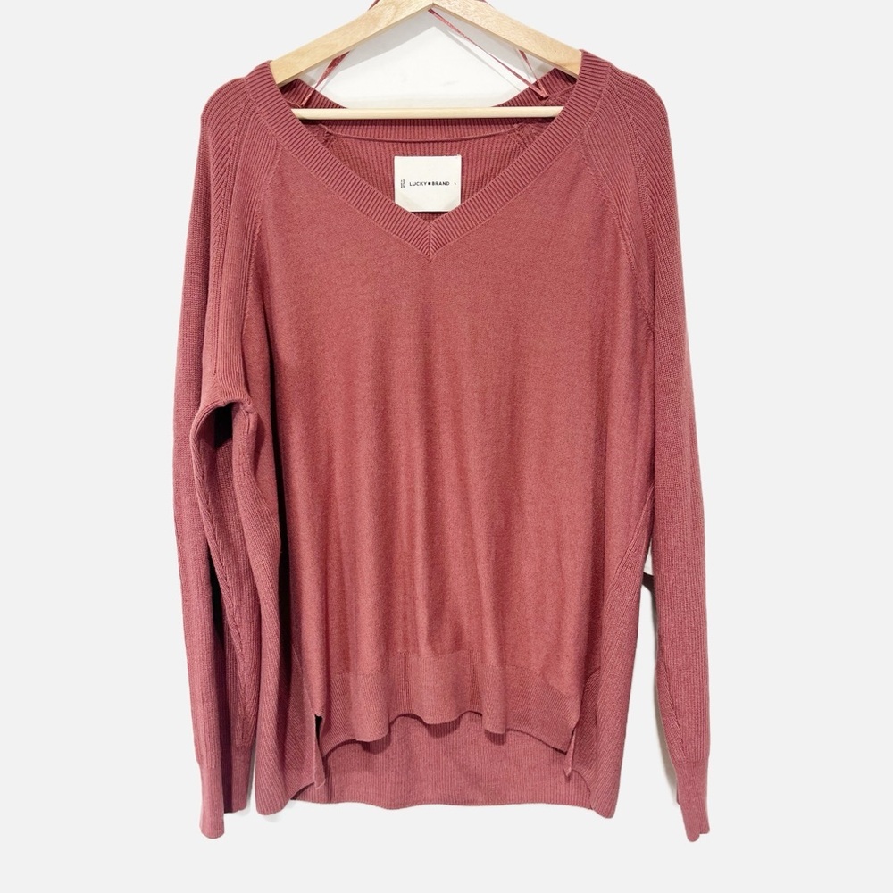 NWT Lucky Brand Women's V Neck Sweater Dark Rose Oversized Cashmere Blend Size L
